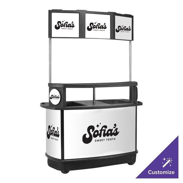 A white and black IRP illuminated tri-canopy beverage cart with white text.