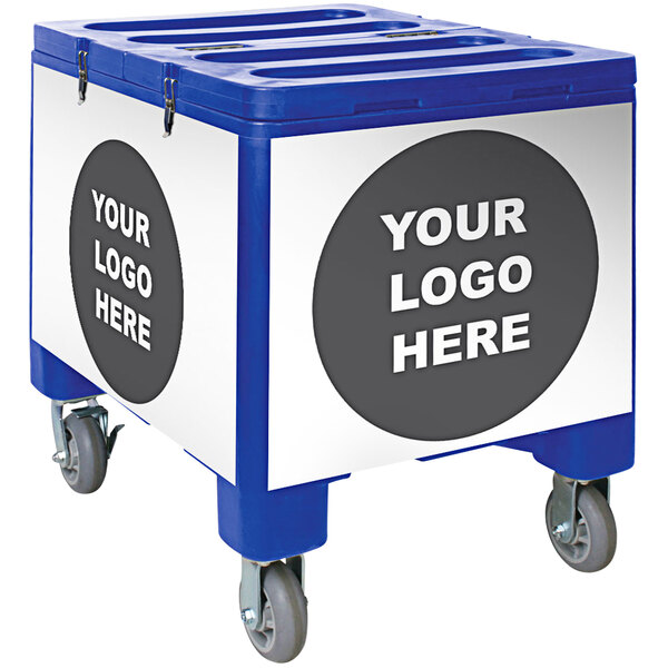 A blue and white IRP mobile ice bin with wheels and the words "Your Logo Here" on the side.