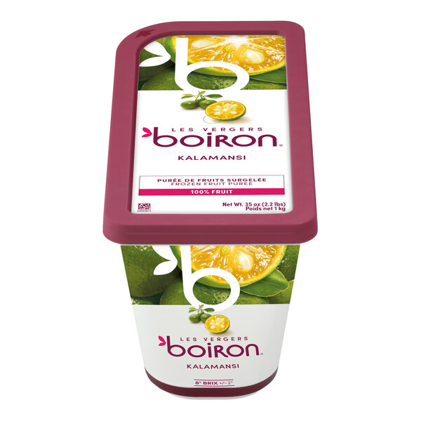 A container of Les Vergers Boiron Kalamansi 100% fruit puree.