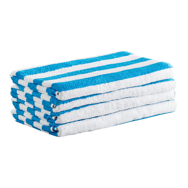 A stack of four blue and white striped towels is shown.