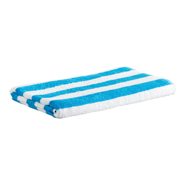 A folded towel with blue and white horizontal stripes.