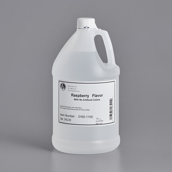 A plastic jug of LorAnn Oils No Color Added Raspberry Super Strength Flavor with a label.
