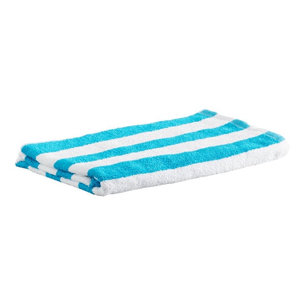 A folded towel with blue and white horizontal stripes.