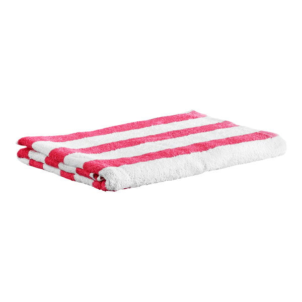 A folded towel with pink and white horizontal stripes.