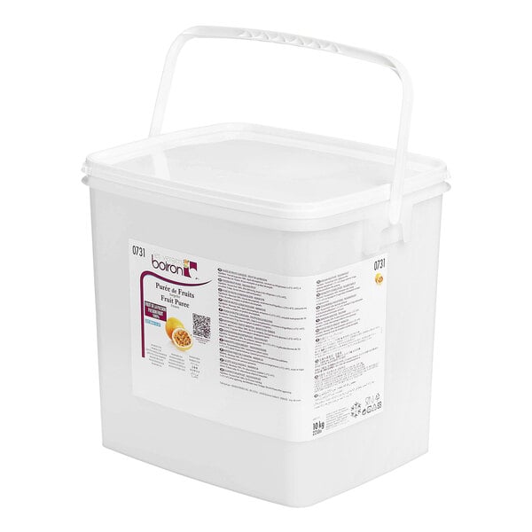 A white plastic bucket with a lid and handle filled with Les Vergers Boiron passion fruit puree.
