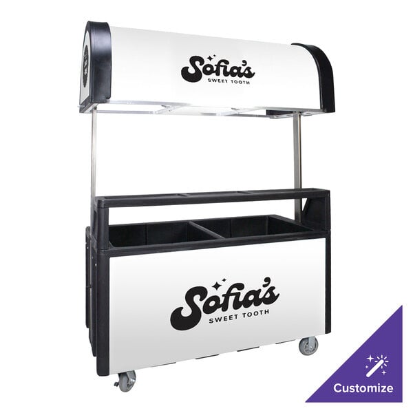 A black and white IRP Concessionaire vending cart with a canopy.