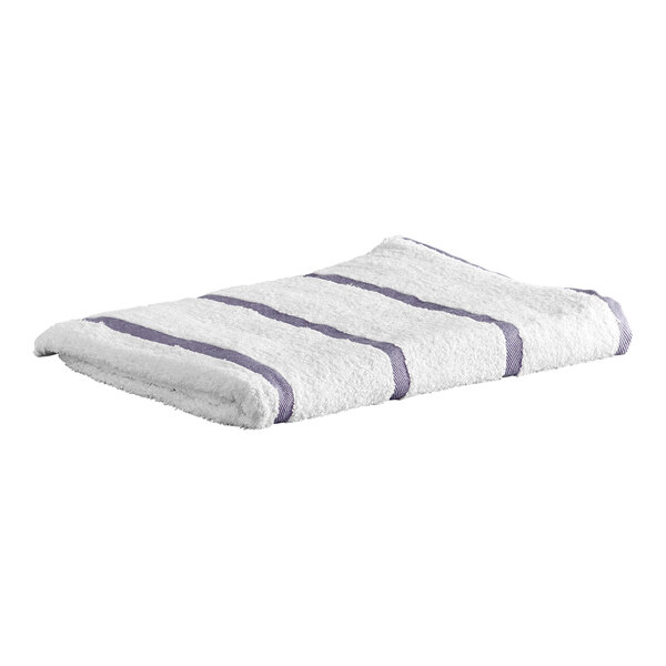 A folded white towel with light gray or lavender stripes lying on a white background.