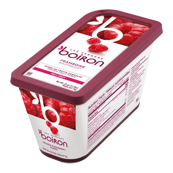 A rectangular container of Les Vergers Boiron frozen raspberry puree.