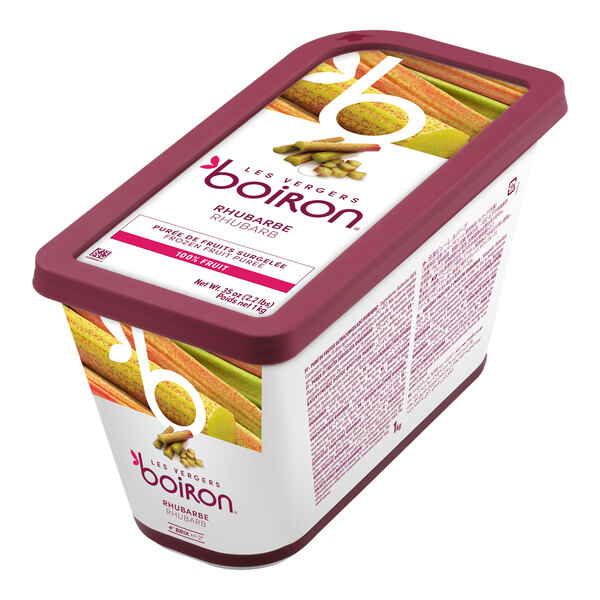 A rectangular container of Les Vergers Boiron Rhubarb 100% Fruit Puree.