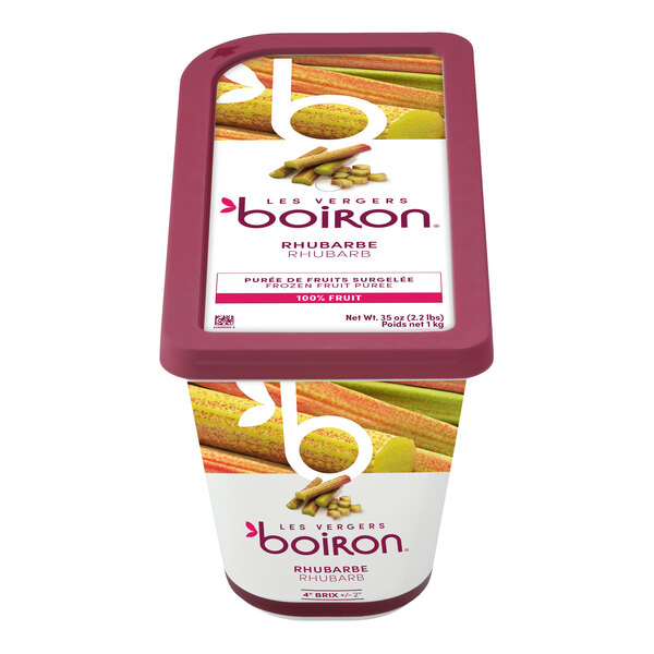 A container of Les Vergers Boiron rhubarb 100% fruit puree.