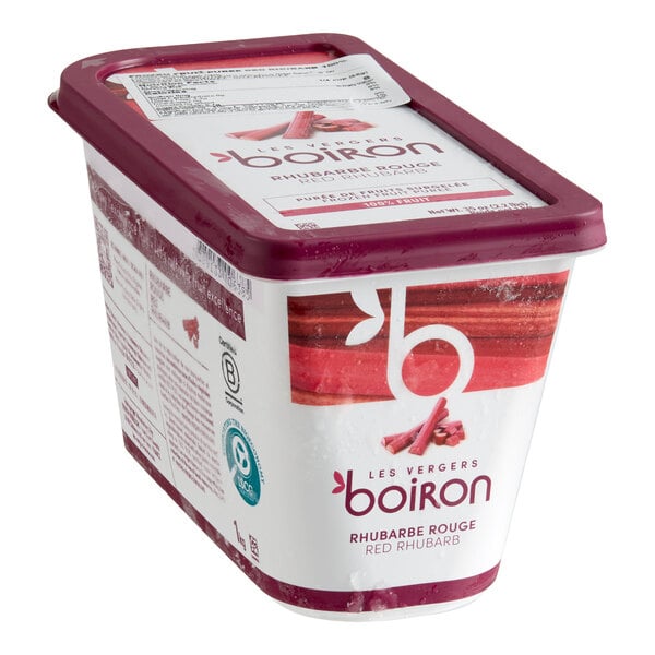 A rectangular container of Les Vergers Boiron Red Rhubarb 100% fruit puree.