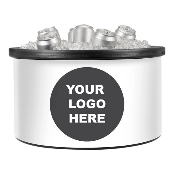 A round container filled with ice and beverage cans, featuring a blank customizable area labeled 'YOUR LOGO HERE' on the front.