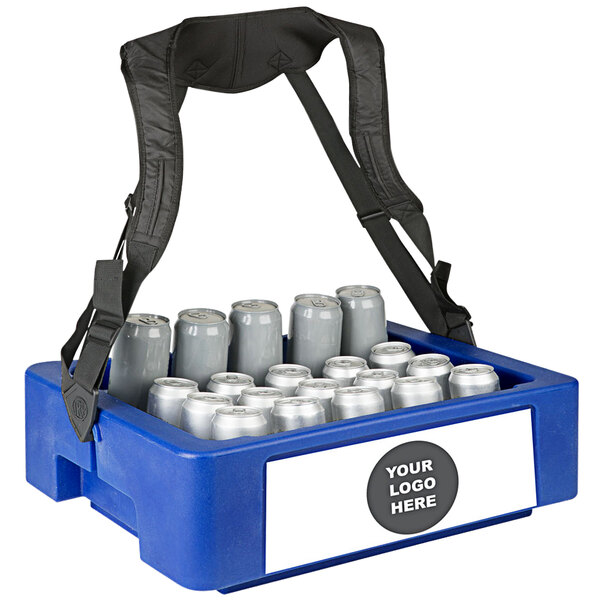 A blue and black IRP Multi-Hawker Elite cooler with a group of soda cans inside.