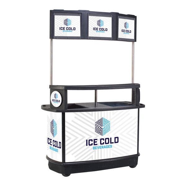 A black and white IRP illuminated tri-canopy beverage cart with ice cold beverages on a counter.