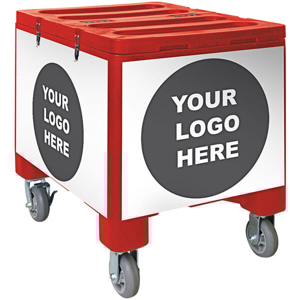 A red and white IRP mobile ice bin on wheels. The white front panel has a space for a logo.