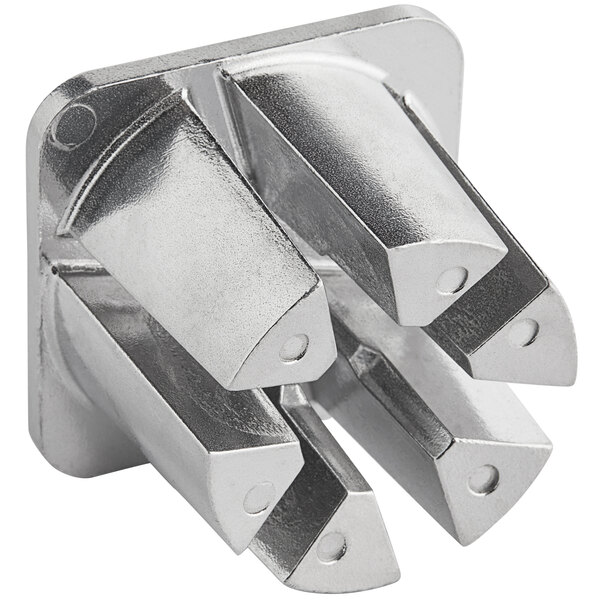 A silver metal Garde 6-wedge pusher assembly with many holes.