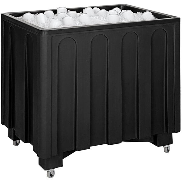 a black container with ice and cups
