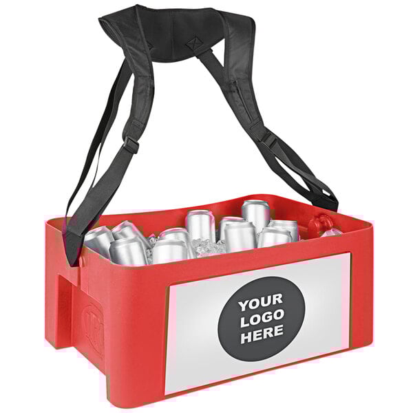 A red IRP Hawker Elite cooler with a black strap and silver cans inside.