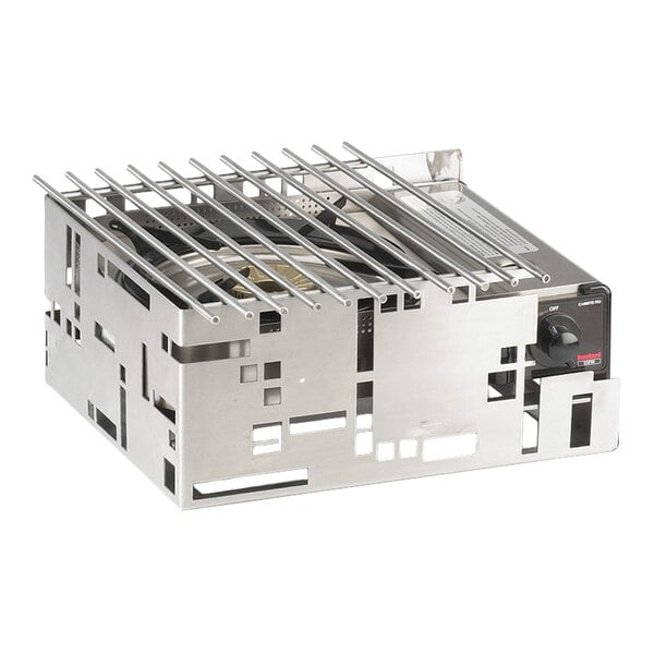 A stainless steel squared butane stove frame with a grill top and control knob, measuring 13 by 11 inches.