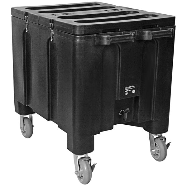 A black plastic IRP Ice Caddy with wheels.
