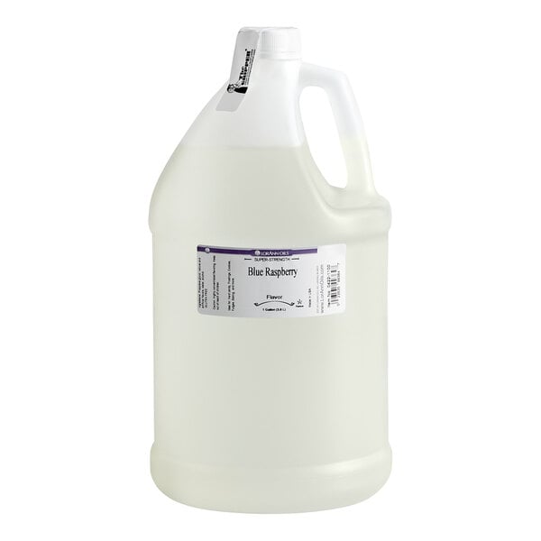 A large, translucent plastic jug with a handle and a white cap, featuring a label that reads 'Blue Raspberry' on the front.
