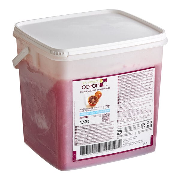 A white plastic container of Les Vergers Boiron Blood Orange 100% Fruit Puree with a white lid.