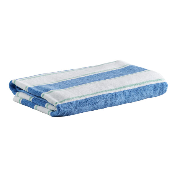 A folded towel with blue, white, and green stripes.