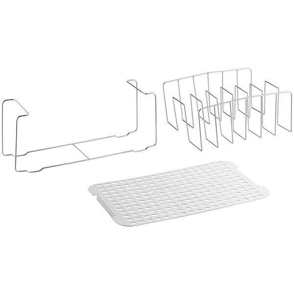 A white plastic rack with a white plastic inner tray and metal handle.