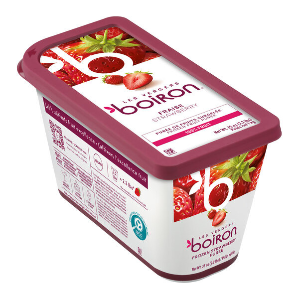 A rectangular container of Les Vergers Boiron Strawberry 100% Fruit Puree.