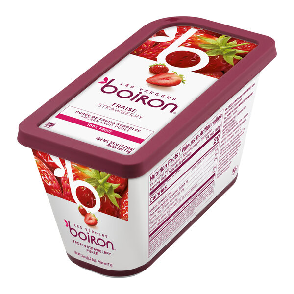 A rectangular container of Les Vergers Boiron Strawberry 100% Fruit Puree.