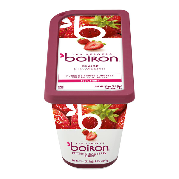 A container of Les Vergers Boiron frozen strawberry puree.