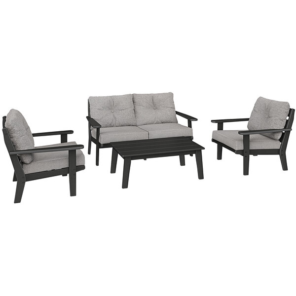 A group of POLYWOOD outdoor furniture including grey cushions.