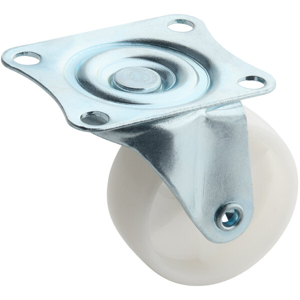 A white Lancaster Table & Seating castor with a metal plate and metal wheel with holes.