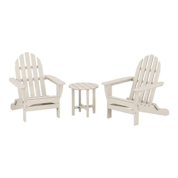 A white POLYWOOD patio set with 2 Adirondack chairs and a table.