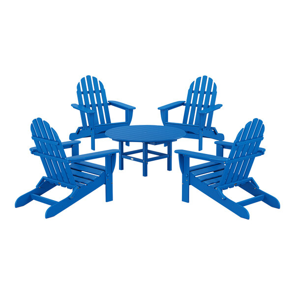 A blue POLYWOOD Adirondack chair set around a table.