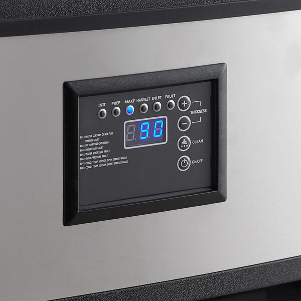 An Avantco undercounter ice machine with a black and silver rectangular control panel with buttons and a digital display.
