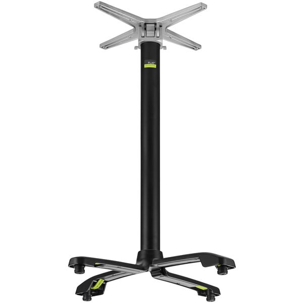 A black and silver FLAT Tech bar height table base with a metal pole and stand.