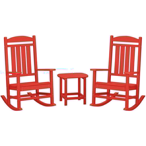 A red POLYWOOD wooden rocking chair and table set.