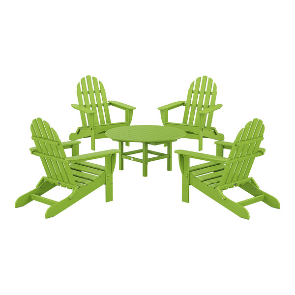 A group of green POLYWOOD Adirondack chairs around a table.