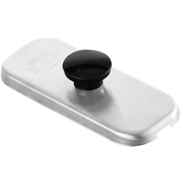 A silver rectangular Server stainless steel lid with a black round knob.