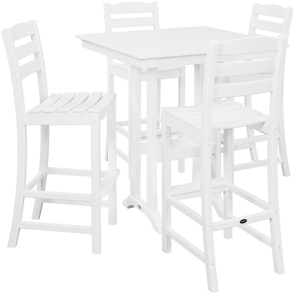 A white POLYWOOD table with four chairs and a stool.