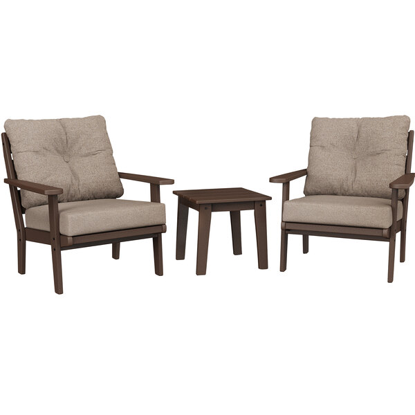A POLYWOOD brown Lakeside table and chairs set with cushions.