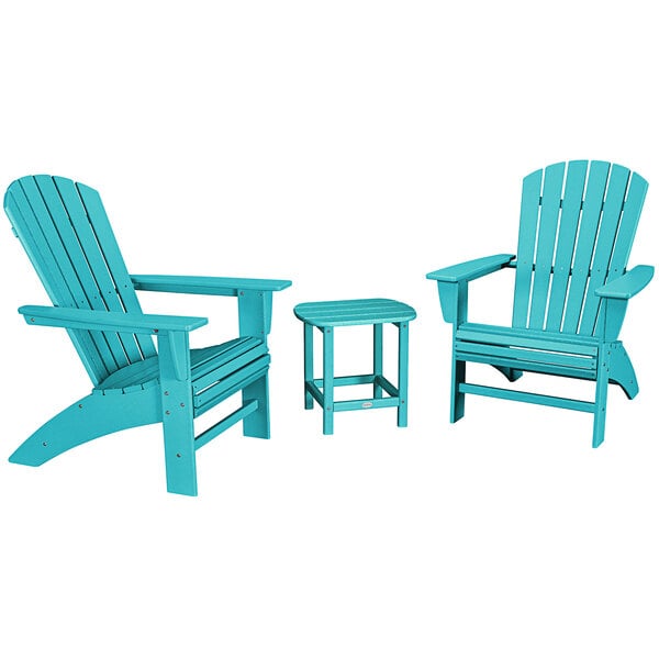 Three blue POLYWOOD Nautical Curveback Adirondack chairs and a table on a white background.