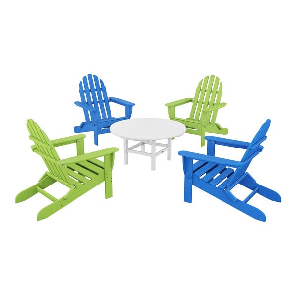 A white table with blue, green, and white POLYWOOD Adirondack chairs.