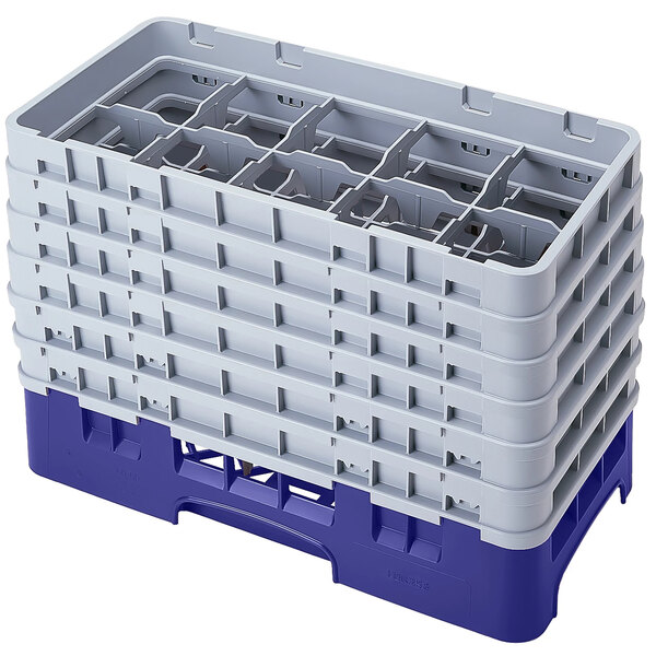 A navy blue plastic Cambro glass rack with 10 compartments and 6 extenders.