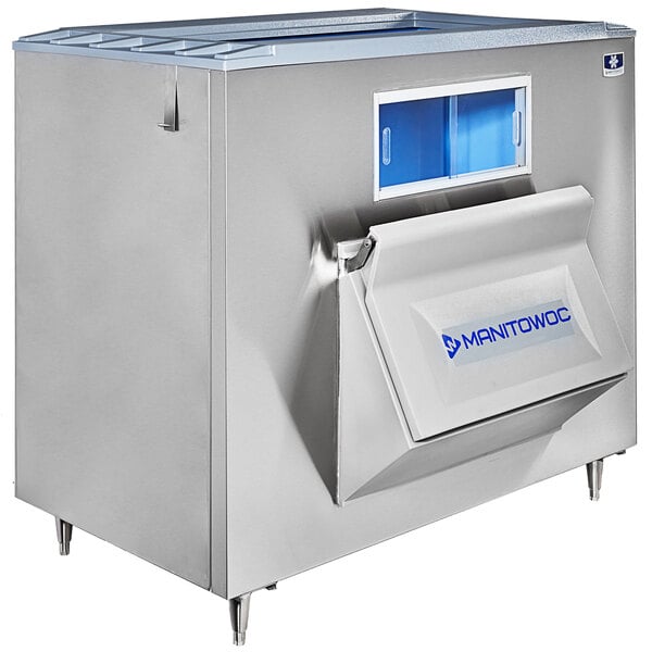 A large rectangular silver box with a blue door.