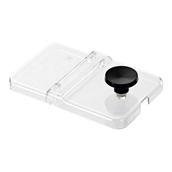 a clear plastic container with a black handle