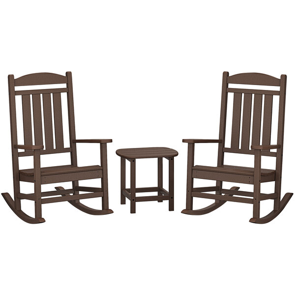 A POLYWOOD mahogany patio set with two rocking chairs and a table.