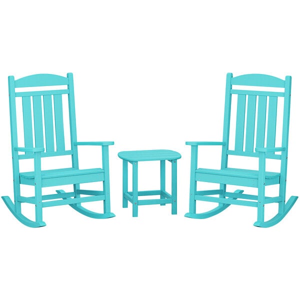 Two blue POLYWOOD rocking chairs and a blue table.