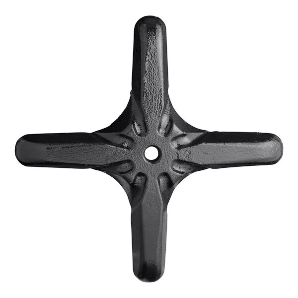 A black metal cross-shaped object with a hole in the center and four holes.